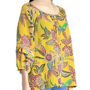 Johnny Was Anka Boho Peasant Top Floral Yellow Size XS
